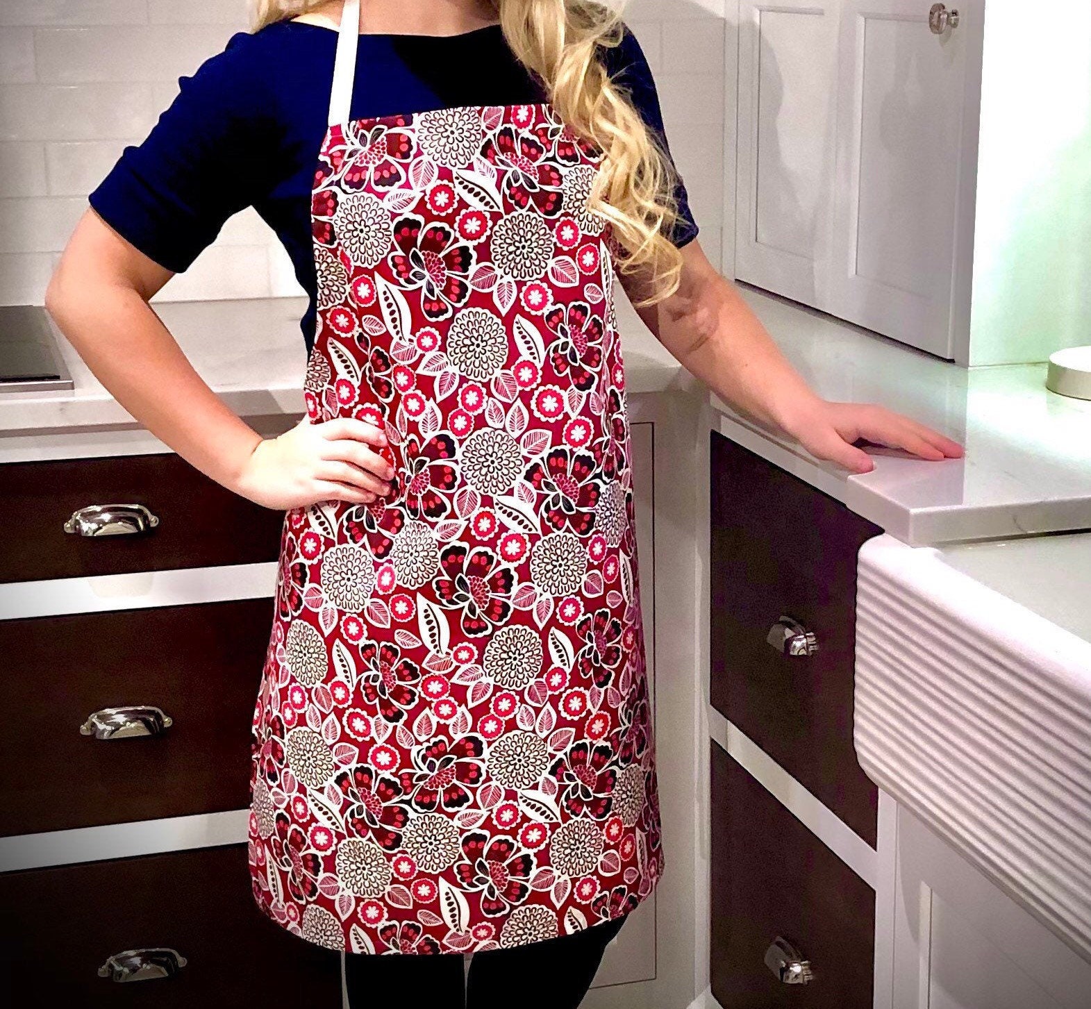 Adjustable Floral Cotton Apron, Red, Black and White - Etsy