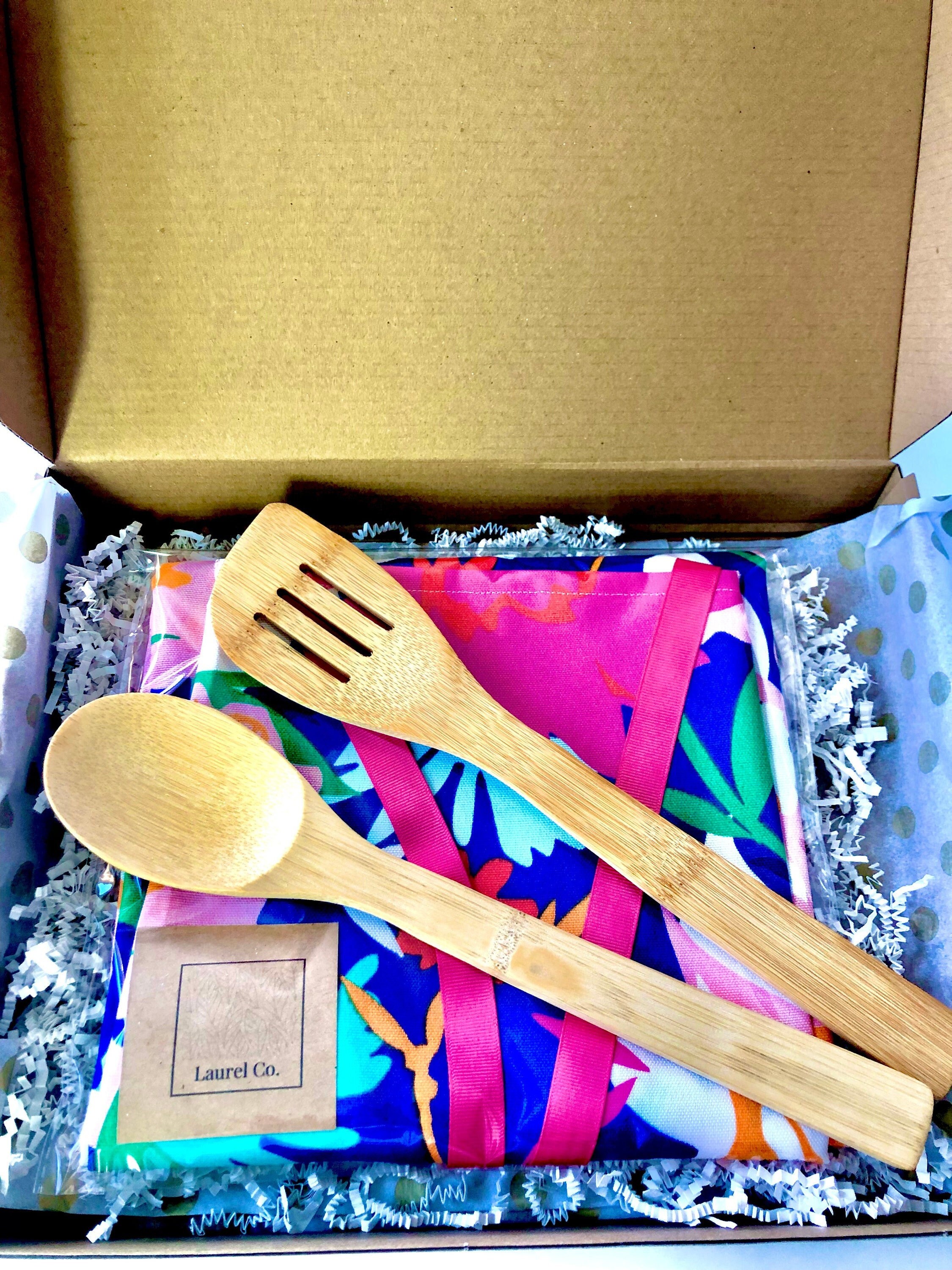 Kitchen Apron + Spoons Gift Sets/Boxes--Hot Pink, Blue, White Floral Pattern | Valentine's Day, Holidays, Birthday, Housewarming Gift