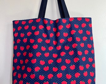 Red Apples Book bag/Tote, Navy Blue Red White Green, Gift for Teacher, Friend, Student, Handcrafted, Luxury, Cotton, Cute, Heavy Duty,  Big