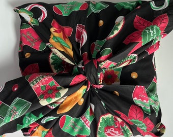 Japanese Furoshiki Fabric Gift Present Wrapping, Christmas, Holidays Santa Cotton Black Red Green White Family Friends Decorate Rudolf