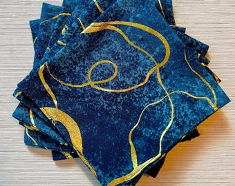 Blue and Gold Swirl/Marbled Napkin Set, Dining, Feast, Hosting, Decor, Table Linens, Food, Fancy, Shiny, Marble, Dark Blue, Gift, Present