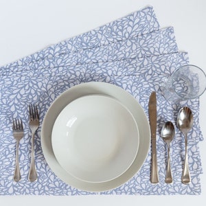 Set of Four Placemats | Kitchen, Dining, Cotton, Presentation, Hosting, Birthday, Holidays, Family, Feast, Thanksgiving, Blue, White, Gray