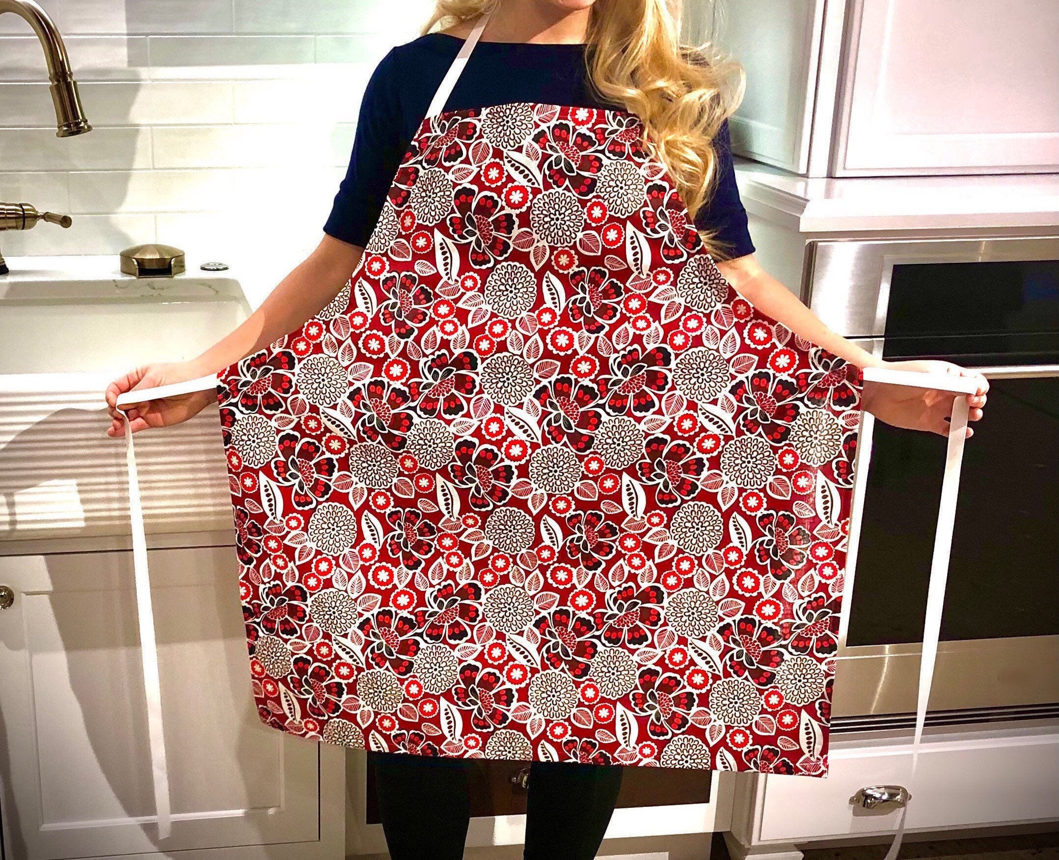Adjustable Floral Cotton Apron, Red, Black and White - Etsy