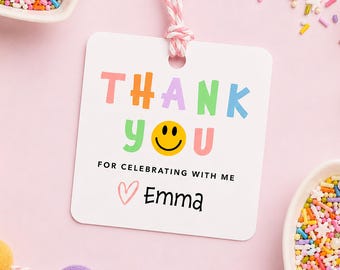 Pastel Thank You Favor Tags, Smiley Face Birthday Party Favor, Personalized Name Tag