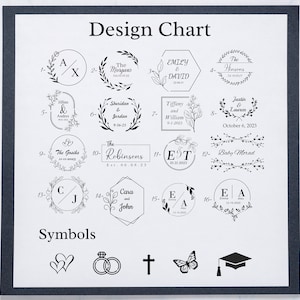 May include: A design chart with 16 different stamp designs, each with a unique name, date, and symbol. The chart also includes a section for symbols, showing a heart, a ring, a cross, a butterfly, and a graduation cap.