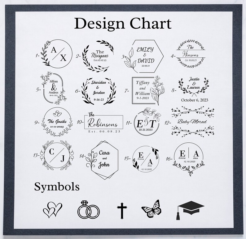 May include: A design chart with 16 different stamp designs, each with a unique name, date, and symbol. The chart also includes a section for symbols, showing a heart, a ring, a cross, a butterfly, and a graduation cap.