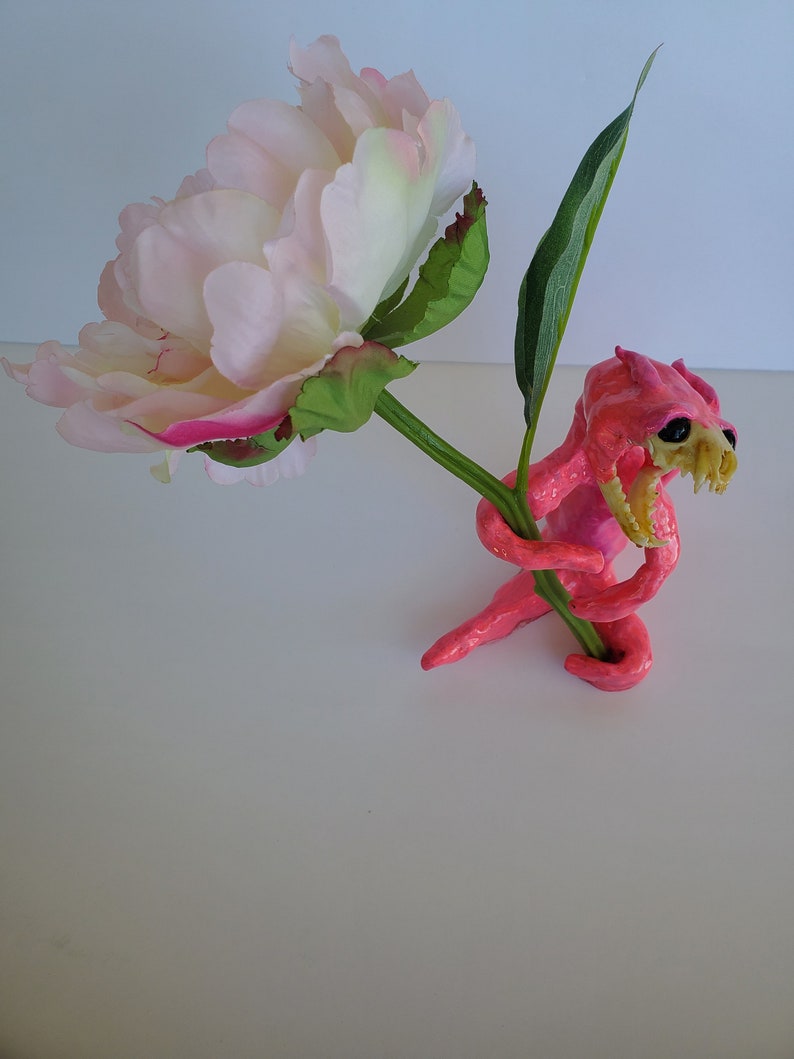 OOAK polymer clay monster, sculpture, adoptable friend, real mink skull, gothic home decor, pink, ugly cute image 9