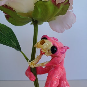 OOAK polymer clay monster, sculpture, adoptable friend, real mink skull, gothic home decor, pink, ugly cute image 2