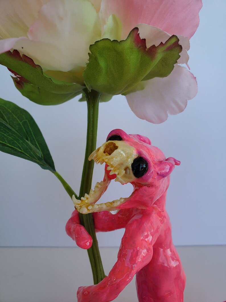 OOAK polymer clay monster, sculpture, adoptable friend, real mink skull, gothic home decor, pink, ugly cute image 2