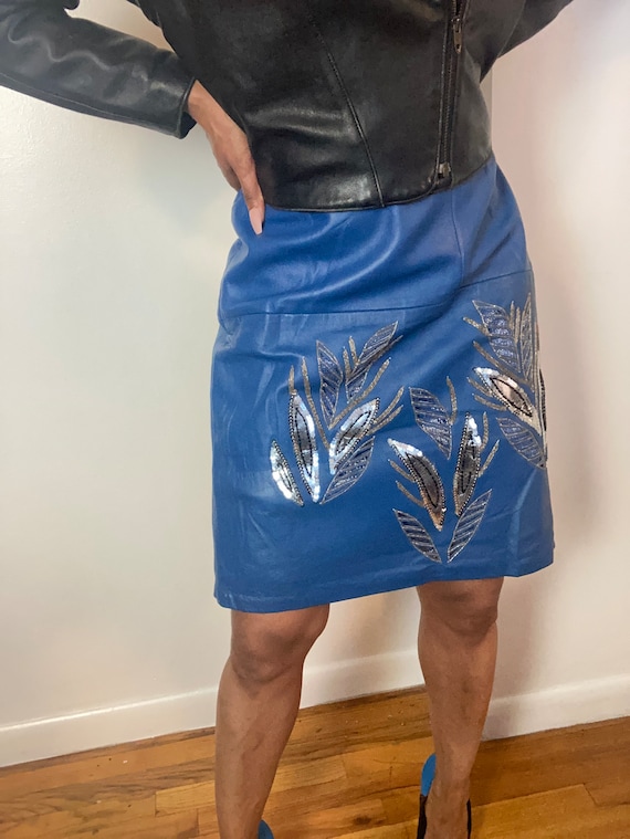 Vintage blue leather skirt with sequin