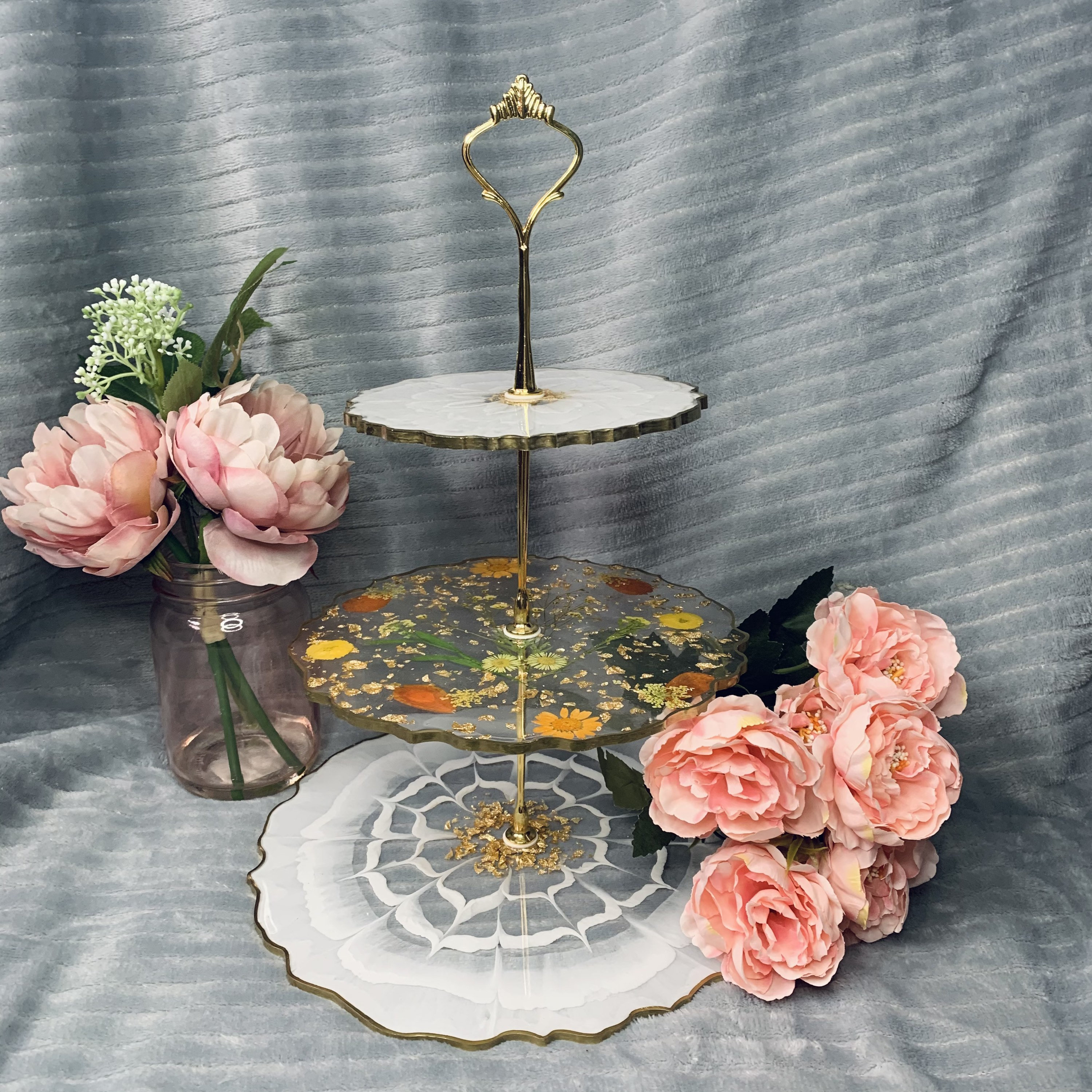 Deluxe 3 tier cake stand with real dried flowers. Etsy