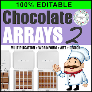 May include: A printable worksheet for learning about arrays using chocolate bars. The worksheet includes a chocolate bar array, a multiplication equation, and a word form for the equation. The worksheet is labeled "Chocolate Arrays 2" and "100% Editable".