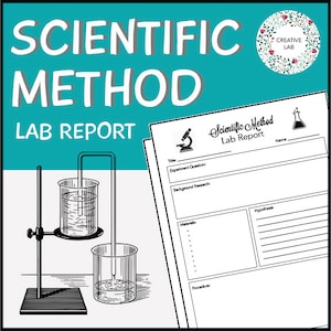 Könnte beinhalten: Eine druckbare Vorlage für einen wissenschaftlichen Methoden-Laborbericht mit einer Schwarzweißillustration eines Bechers und eines Ständers mit einem Kolben. Die Vorlage enthält Abschnitte für Titel, Versuchsfrage, Hintergrundforschung, Hypothese, Materialien, Verfahren und Daten.