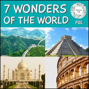 Op de afbeelding: Een collage van afbeeldingen die de Zeven Wereldwonderen voorstellen. De afbeelding linksboven toont de Grote Muur van China, de afbeelding rechtsboven toont Chichén Itzá, de afbeelding linksonder toont de Taj Mahal en de afbeelding rechtsonder toont het Colosseum.