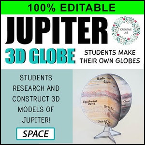 Puede incluir: Un gráfico que promociona un proyecto de globo 3D de Júpiter. La imagen presenta un modelo de globo de Júpiter con zonas etiquetadas y un soporte. El texto incluye "100% EDITABLE", "JUPITER 3D GLOBE" y "STUDENTS MAKE THEIR OWN GLOBES".