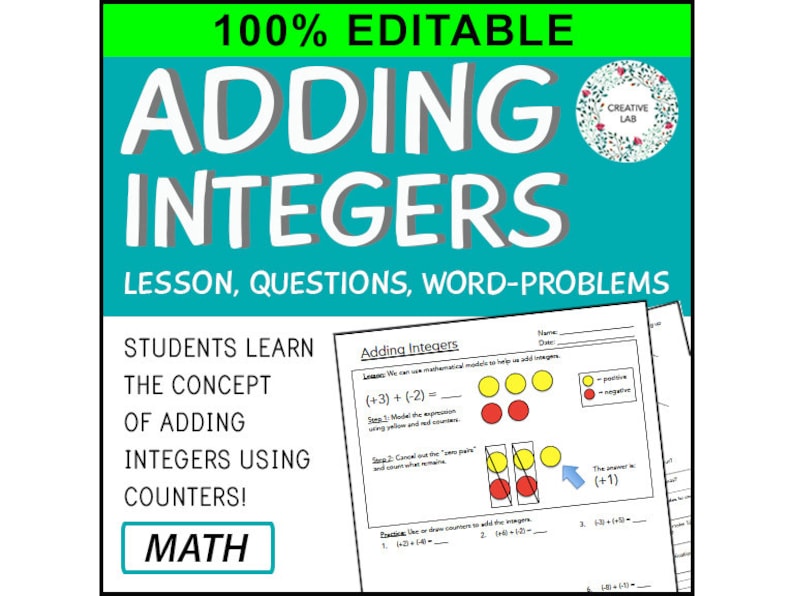 Adding Integers - Lesson & Practice Questions - 100% Editable ...