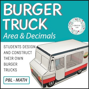 May include: A white and red paper burger truck model with the text "BURGER TRUCK Area & Decimals". The text "STUDENTS DESIGN AND CONSTRUCT THEIR OWN BURGER TRUCKS" is also visible. The model has a burger graphic on the side and the text "PBL - MATH".