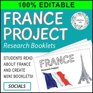 France Research Project Booklets - Passages Included - 100% Editable // Printable Teacher Resource // No Prep Classroom // Geography Social