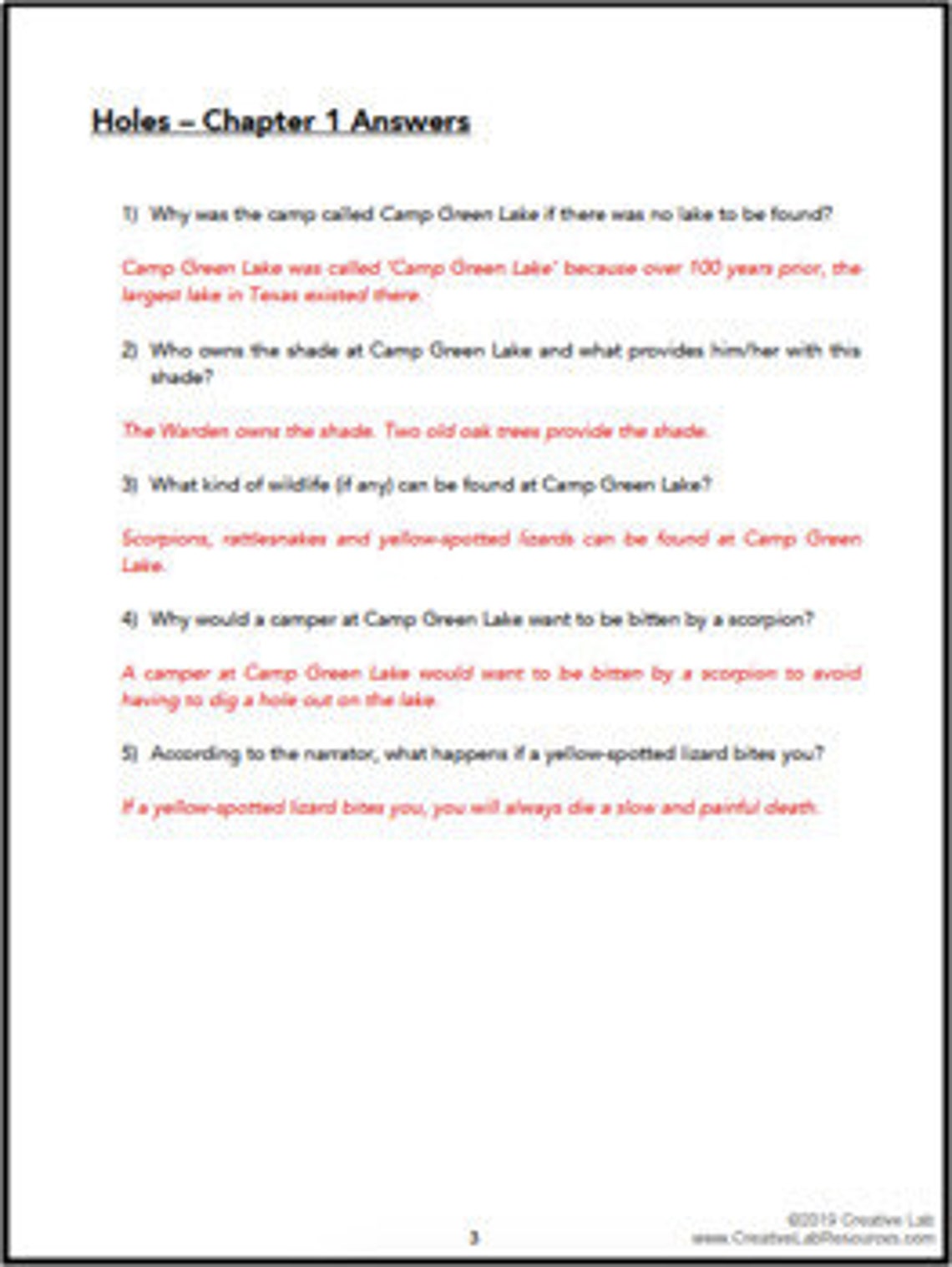HOLES - Book Chapter Comprehension Questions & Answers // Printable ...