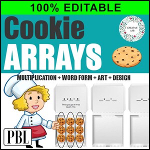 May include: A printable worksheet for teaching multiplication using a cookie array. The worksheet features a cartoon chef holding a pizza box with chocolate chip cookies inside. The text on the worksheet says "Cookie Arrays" and "Multiplication + Word Form + Art + Design".