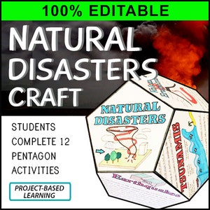 May include: A printable craft activity for students to learn about natural disasters. The craft is a 12-sided pentagon with illustrations of a tornado, tsunami, earthquake, and volcano. The text "Natural Disasters" is on the front of the pentagon.
