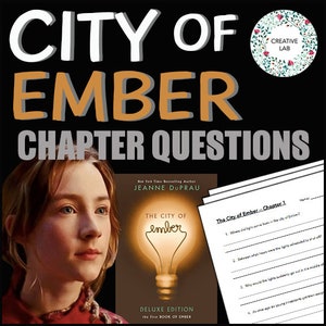 May include: A black and white image of a book cover for "The City of Ember" by Jeanne DuPrau. The cover features a light bulb with a glowing filament and the title in orange text. The book is a deluxe edition and is the first book in the series.