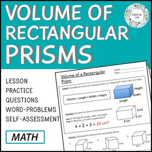 Könnte beinhalten: Ein Arbeitsblatt zum Erlernen des Volumens von rechteckigen Prismen. Das Arbeitsblatt enthält eine Lektion, Übungsaufgaben, Textaufgaben und eine Selbsteinschätzung. Das Arbeitsblatt enthält ein Diagramm eines rechteckigen Prismas mit der Formel zur Berechnung des Volumens: Volumen = Länge x Breite x Höhe. Das Arbeitsblatt enthält auch eine Übung mit einem rechteckigen Prisma mit den Abmessungen 4 cm, 2 cm und 3 cm. Die Antwort auf die Übung ist 24 cm³.
