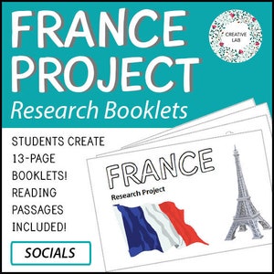 France Research Project Booklets - Reading Passages Included // Printable Teaching Resource // No Prep Classroom // Reading Social Studies