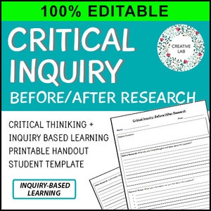 May include: A printable handout template for critical thinking and inquiry-based learning. The handout is titled "Critical Inquiry Before/After Research" and includes sections for inquiry questions, before research, and after research.