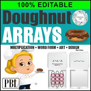 May include: A printable worksheet for teaching multiplication using a doughnut array. The worksheet features a cartoon baker holding a plate of doughnuts, a box of doughnuts, and the equation 3 x 3 = 9. The text "Doughnut Arrays" is at the top of the worksheet.