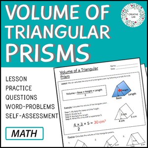 Puede incluir: Una hoja de trabajo para aprender sobre el volumen de los prismas triangulares. La hoja de trabajo incluye una fórmula para calcular el volumen, un ejemplo resuelto y problemas de práctica. La hoja de trabajo se titula "Volumen de los Prismas Triangulares" e incluye las palabras "Lección, Práctica, Preguntas, Problemas, Autoevaluación, Matemáticas".