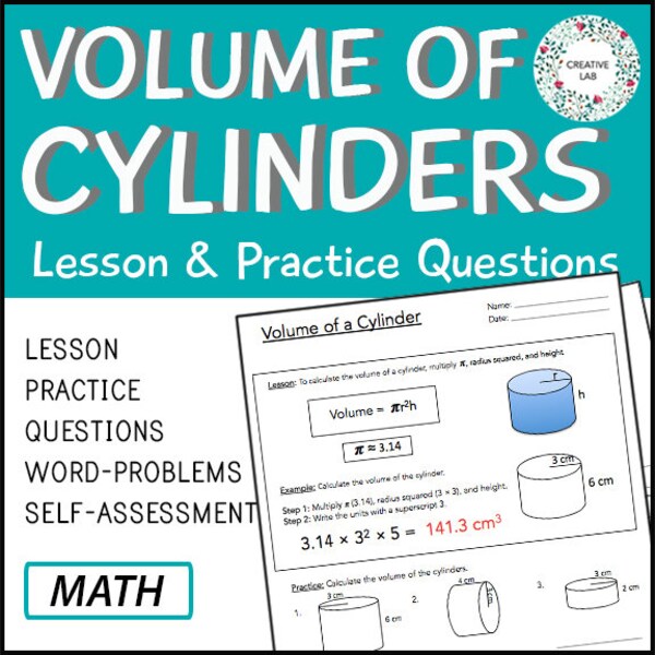 Volume of Cylinders - Lesson & Practice Questions // Printable Teaching Resource // No Prep Classroom //