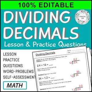 Dividing Decimals - Math Lesson & Practice Questions - 100% Editable // Printable Teaching Resource // No Prep Classroom //