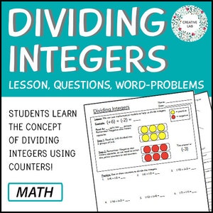 以下が含まれることがあります： 「整数の割り算」というタイトルのワークシートで、レッスン、質問、文章問題が含まれています。このワークシートは、カウンターを使って生徒に整数の割り算を教えるものです。ワークシートには、6 を -2 で割るという視覚的な例が示されており、黄色と赤のカウンターの図が描かれています。