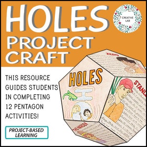 May include: A colorful, illustrated, 12-sided die with the word "HOLES" on one side. The die is designed for a project-based learning activity. The text "This resource guides students in completing 12 pentagon activities!" is on the left side of the image. The text "Project-Based Learning" is on the bottom left side of the image.