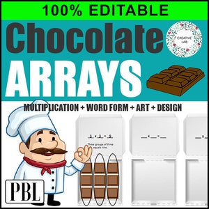 May include: Editable printable worksheet for teaching multiplication using chocolate arrays. The worksheet features a cartoon chef and three pizza boxes with chocolate squares inside. The text "3 x 3 = 9" and "Three groups of three equals nine" is included.