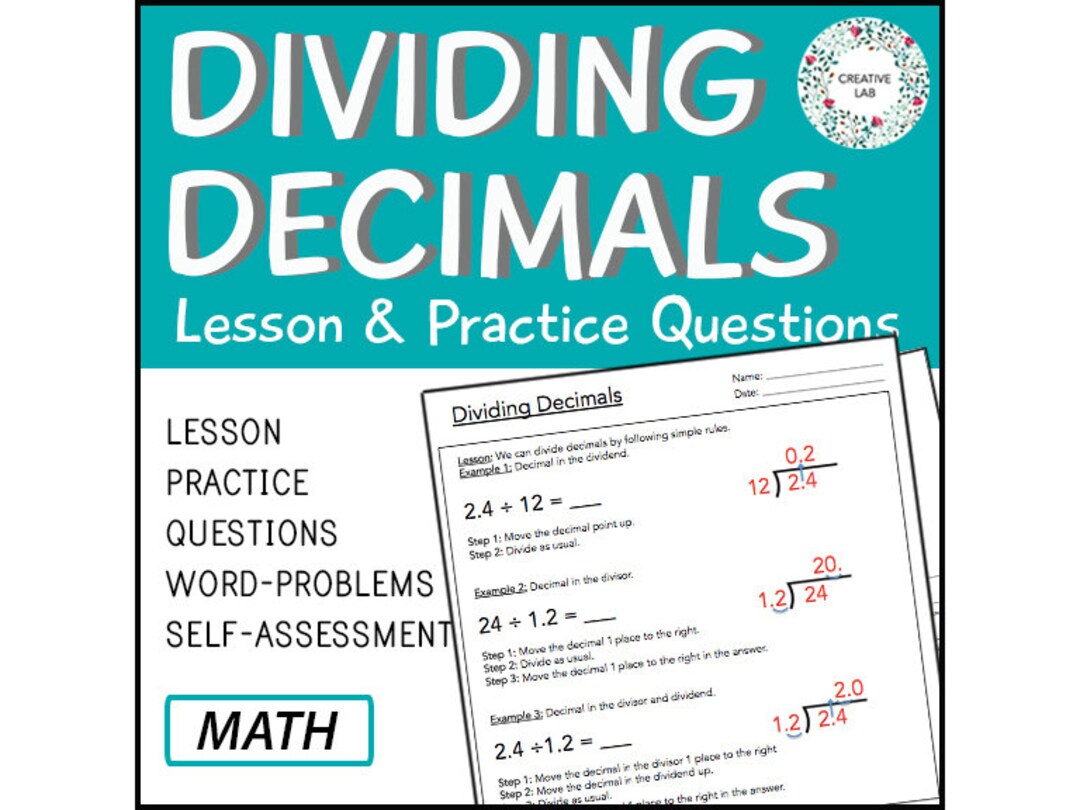 Math Dividing Decimals Lesson & Practice Questions // Printable