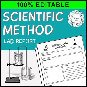 Könnte beinhalten: Editierbare Vorlage für einen wissenschaftlichen Methoden-Laborbericht mit einer Schwarzweißillustration eines Bechers und eines Kolbens. Die Vorlage enthält Abschnitte für Titel, Versuchsfrage, Hintergrundforschung, Hypothese, Materialien, Verfahren und Ergebnisse.