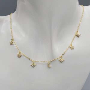 DAINTY ROSE Gold choker necklace Star and moon Celestial necklace Delicate CZ Bridal necklace Gift for her Mother&#39;s day gift