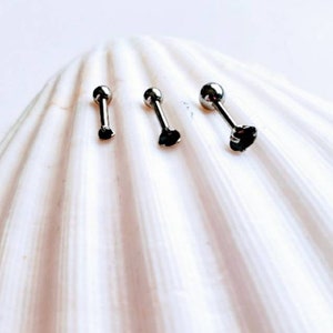BLACK CZ 2mm stud earrings crew back Threaded Steel Tragus studs Cartilage studs Piercings gift for her Mother's day gift