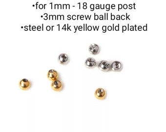 SCREW BACK replacement Threaded back ball closure for Studs 3mm ball for 1mm 18g post earrings - Jewelry findings - steel