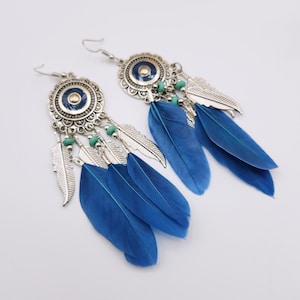 Feather earrings, long dangle earrings, blue feather earrings, Mother&#39;s day gift