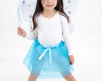 Turquoise Fairy Wings Tutu Skirt Set - Includes Skirt, Headband, Glitter Wings and Wand