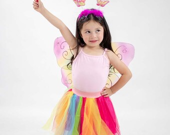 Rainbow Wings Tutu Skirt Set - Includes Skirt, Headband, Glitter Wings and Wand
