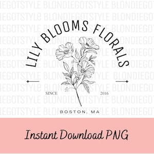 May include: Black and white logo for a floral business called "Lily Blooms Florals" established in 2016 in Boston, MA. The logo features a stylized drawing of three lily flowers with leaves.