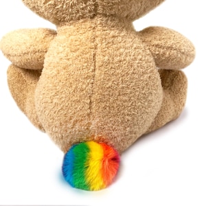 May include: A brown teddy bear with a fluffy rainbow-coloured tail. The bear is sitting on a white background.
