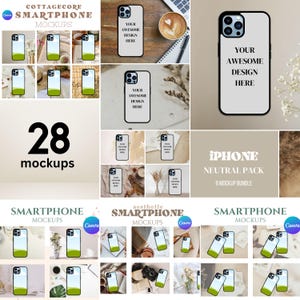 May include: A set of 28 phone mockups featuring a neutral colour scheme. The mockups show a variety of iPhone models in different positions and settings, including on a table, in a hand, and on a bed. The mockups are perfect for showcasing your designs and branding.