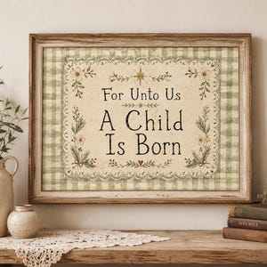 Porque para nosotros un niño ha nacido (estampado), arte mural cristiano, decoración de himnos vintage, arte popular cottagecore, estampado a cuadros (printable)