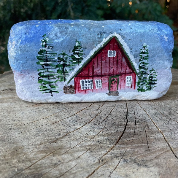 Red Barn, Snowy Barn, Painted Rock, Miniature Painting, farmhouse miniature painting