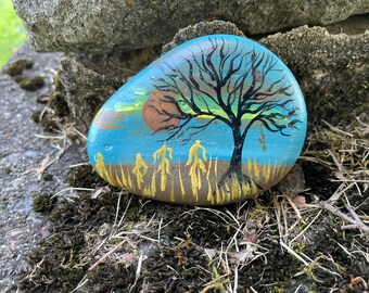 Painted rock, Autumn Rock, Halloween Rock, mini Autumn painting, Corn field painting, Harvest Moon painting